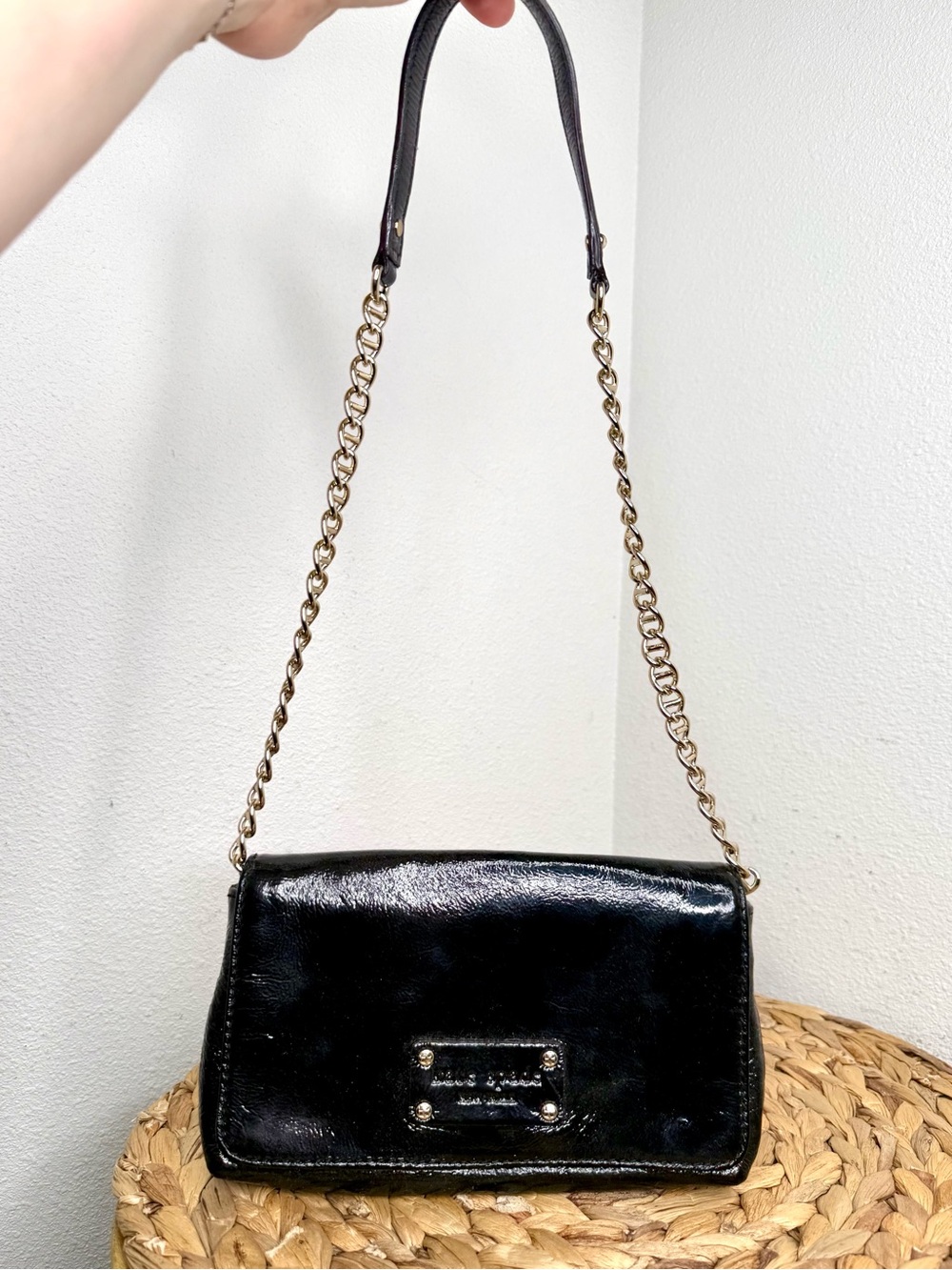 Kate Spade Purse Black Patent Leather Clutch Purse on a Chain Shoulder Strap
